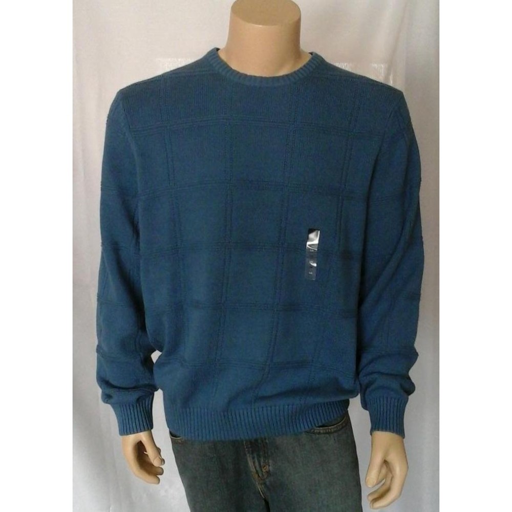 ARROW Solid Federal Blue Window Pane Knit 100% Cotton Crewneck Sweater Mens $65